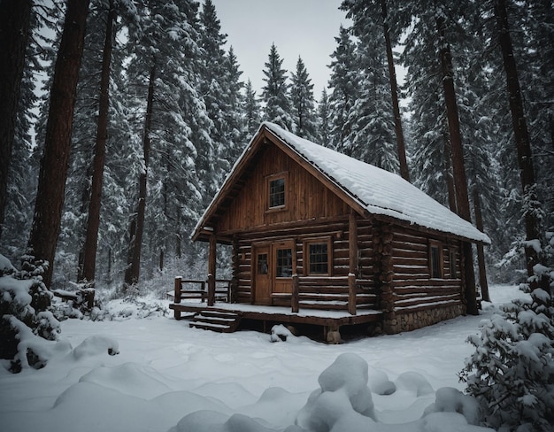 uma cabana na floresta com neve no telhado