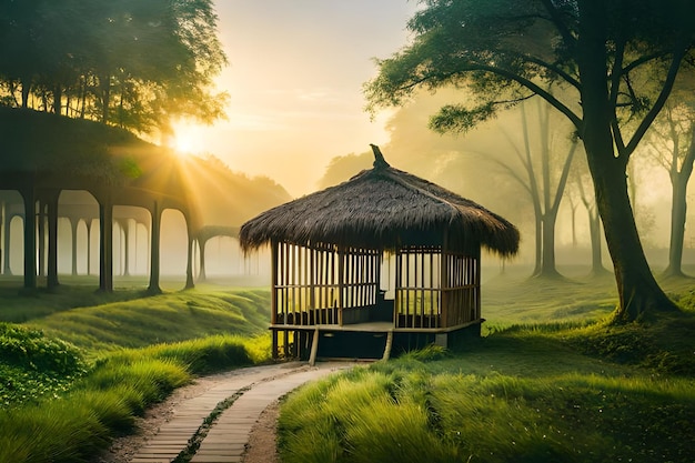 uma cabana na floresta com um telhado de palha