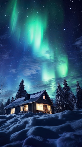 uma cabana na neve com a aurora boreal acima dela