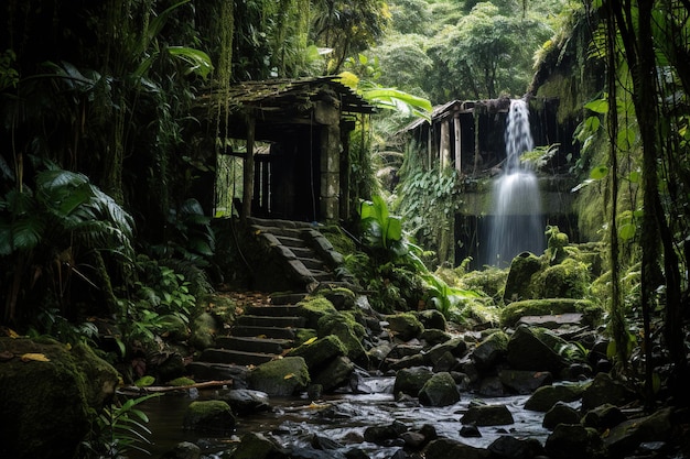 uma cabana na selva com cachoeira Generative Ai