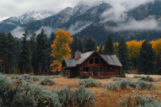 Uma cabana nas montanhas, cercada de árvores.