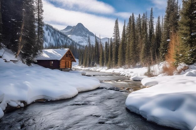 Uma cabana perto de um rio nas montanhas