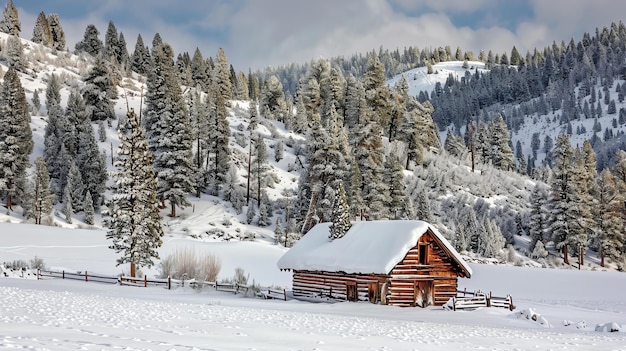 Foto uma cabana solitária fica em um campo coberto de neve, cercada por árvores cobertas de neve. a cabana é feita de troncos e tem um grande telhado coberta de neve.