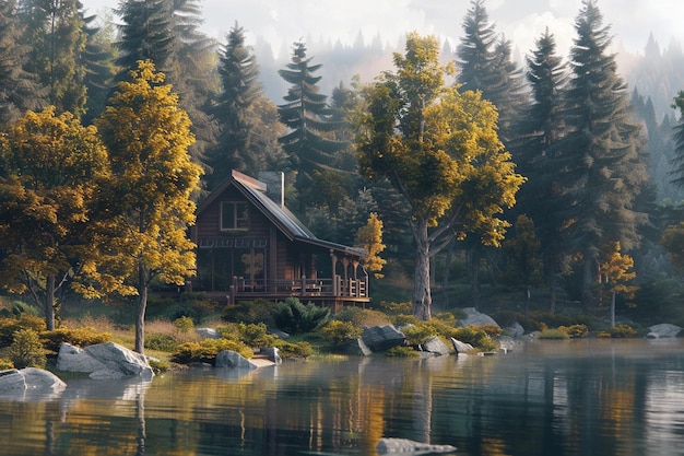 Uma cabana tranquila à beira do lago, cercada de árvores.