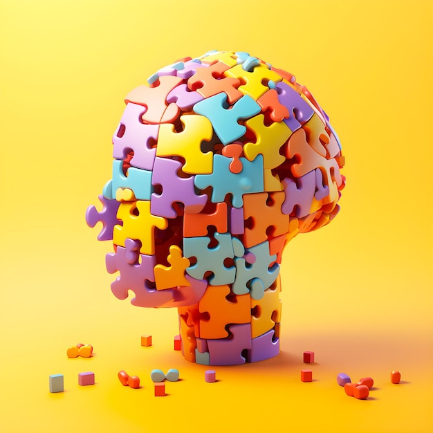 Uma cabeça colorida feita de peças de quebra-cabeça é cercada por outras peças de quebra-cabeça.