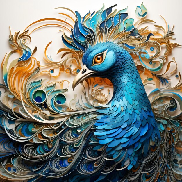 Uma cabeça de desenho animado de um pavão em um papel colorido no estilo de arte de fantasia detalhada ciano escuro