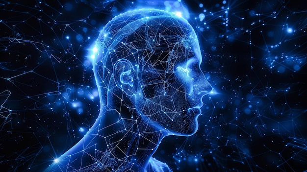 Uma cabeça de homem cercada por linhas e pontos intrincados que simbolizam a complexa rede de conexões dentro da mente