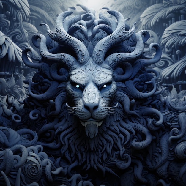 uma cabeça de leão azul com chifres na cabeça no meio de uma floresta