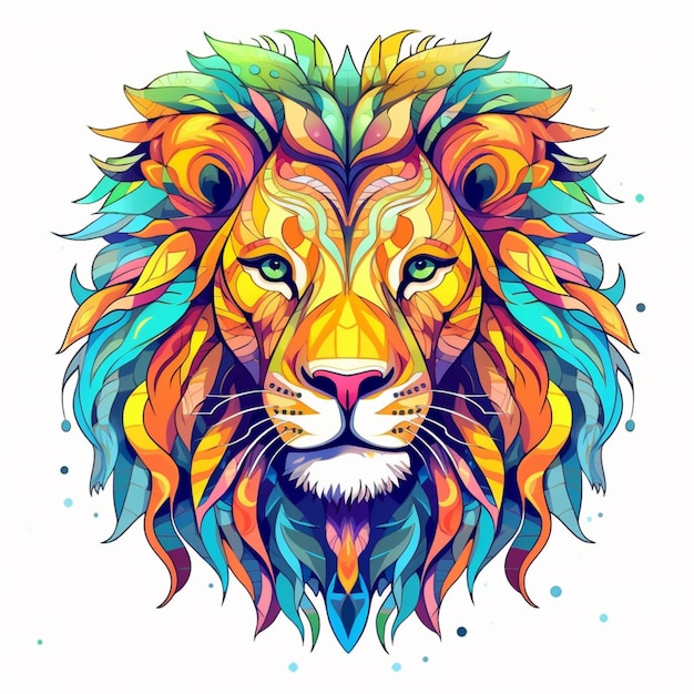 Uma cabeça de leão colorida com uma longa juba e uma juba colorida generativa ai