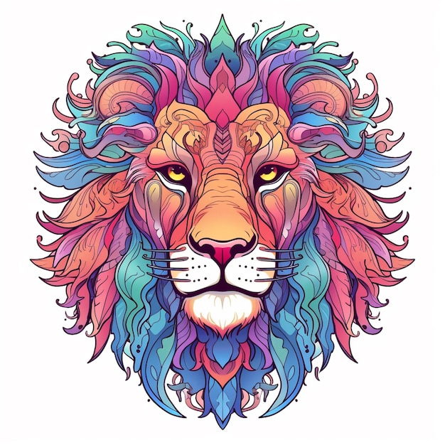 uma cabeça de leão com penas coloridas e um fundo branco generativo ai