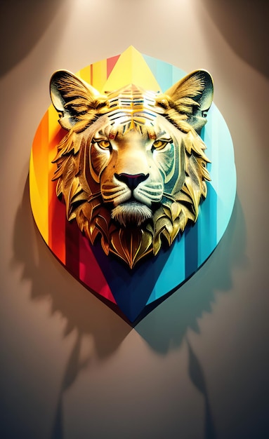 Uma cabeça de leão com uma faixa colorida do arco-íris