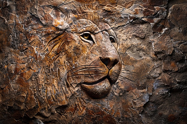 uma cabeça de leão está em um pedaço de madeira