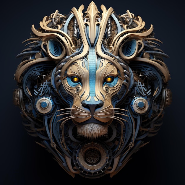 Uma cabeça de leão que é uma máquina futurista do mundo futuro Ilustração de animais selvagens IA generativa