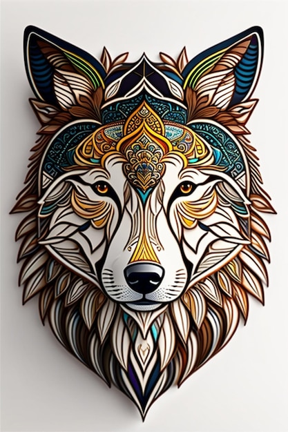 Uma cabeça de lobo com um padrão azul e dourado