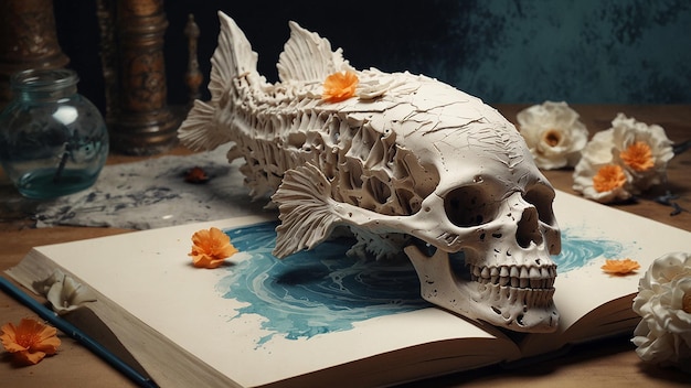 uma cabeça de peixe está em cima de um livro com um crânio nele