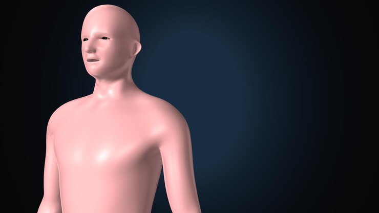 Foto uma cabeça de plástico rosa com um corpo rosa e um fundo azul
