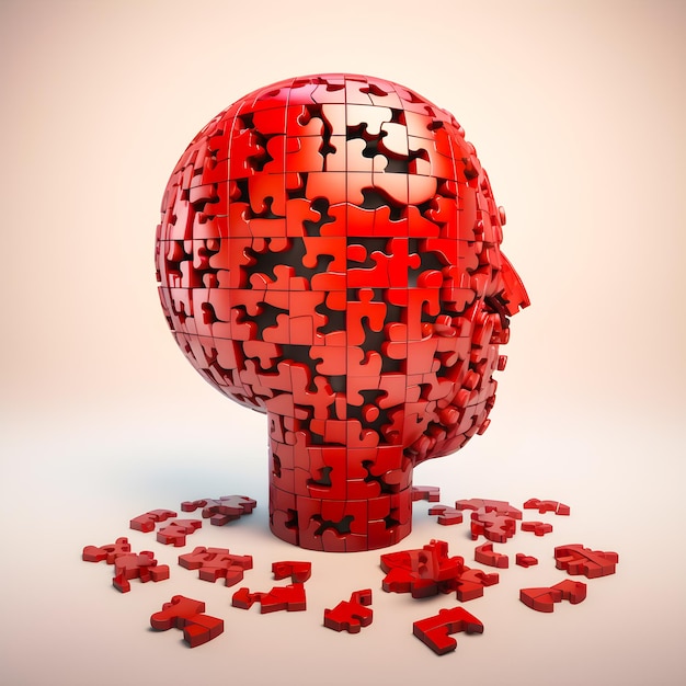 Uma cabeça de quebra-cabeça vermelha com a palavra quebra-cabeça