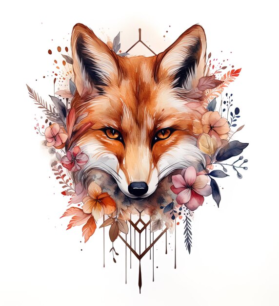 uma cabeça de raposa com flores e uma foto de uma raposa