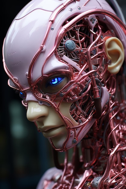 uma cabeça de robô com fios e olhos azuis