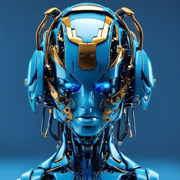 Uma cabeça de robô futurista em um vibrante tom azul elétrico incorporando inovação