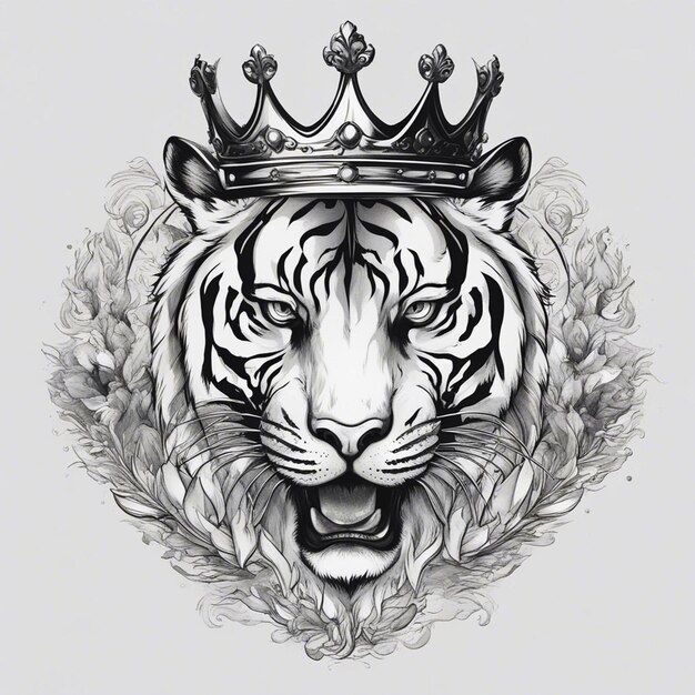 Foto uma cabeça de tigre com coroa logotipo elegante e nobre selo adesivo preto e branco