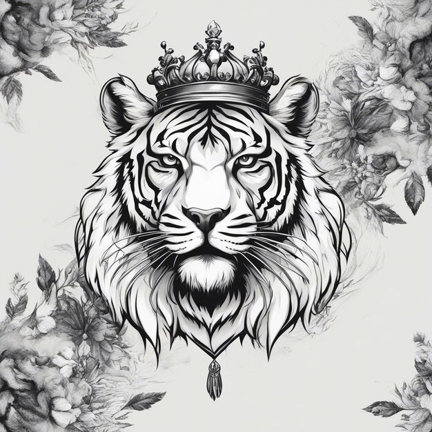 Foto uma cabeça de tigre com coroa logotipo elegante e nobre selo adesivo preto e branco