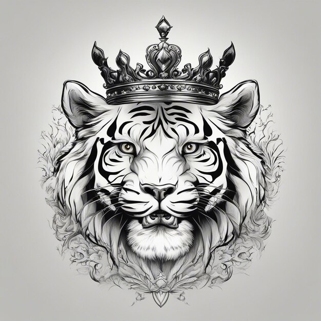 Uma cabeça de tigre com coroa logotipo elegante e nobre selo adesivo preto e branco