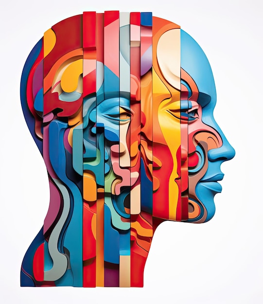 uma cabeça é impressa e coloridamente ilustrada com múltiplos rostos no estilo de silhuetas recortadas
