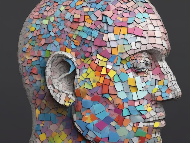 Uma cabeça humana feita de mosaico multicolorido o conceito de distúrbios mentais em adultos e crianças