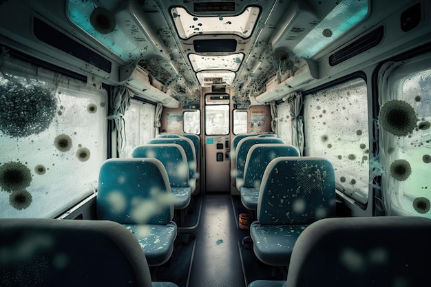 Uma cabine de ônibus coberta de bactérias com micróbios individuais visíveis