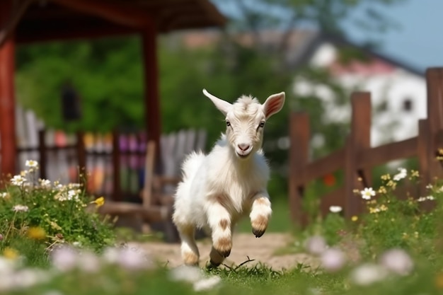 uma cabra bebê correndo em um campo com uma cerca