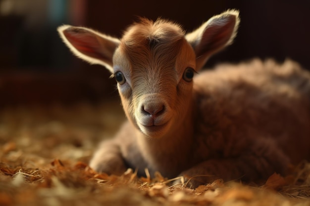 Uma cabra bebê está deitada em um tapete.