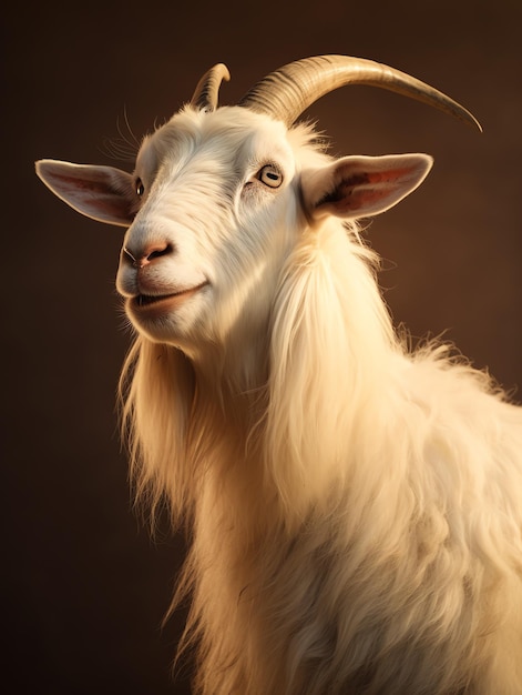 uma cabra branca com cabelos longos e chifres