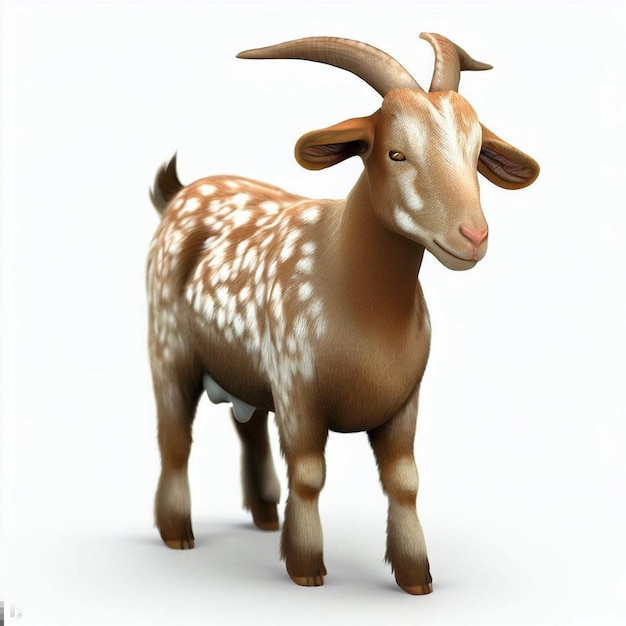 Foto uma cabra castanha com chifres e um fundo branco.