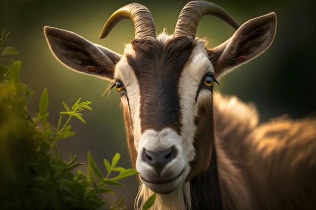 Uma cabra com chifres e um fundo verde