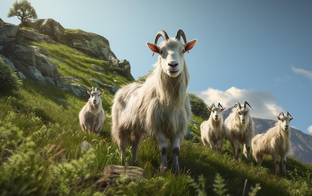 uma cabra com chifres está de pé num campo com outras cabras
