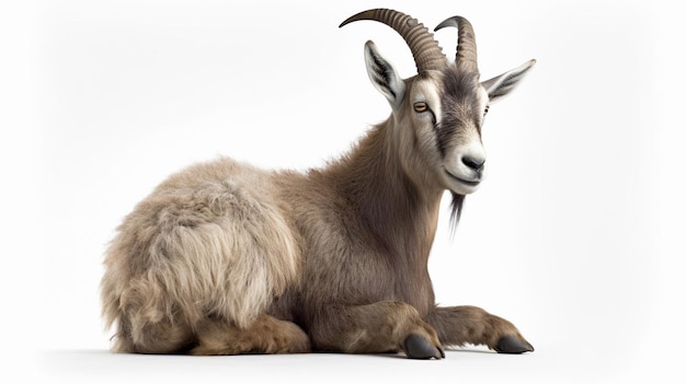 Uma cabra com longos chifres senta-se sobre um fundo branco.