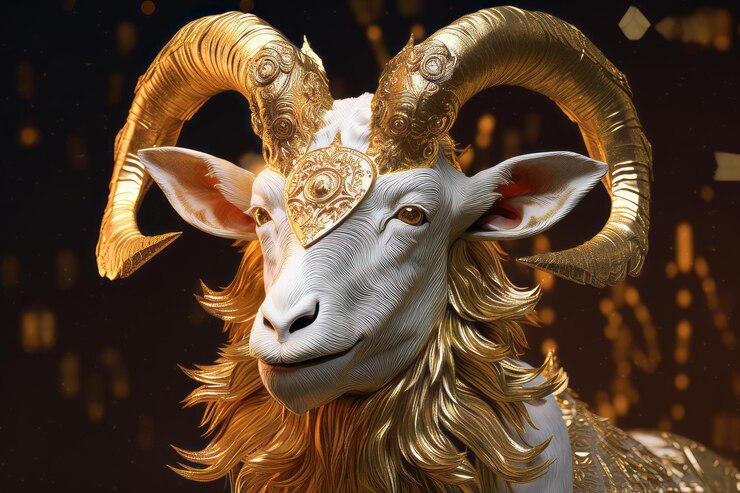 Uma cabra de ouro com cabeça e chifres de ouro
