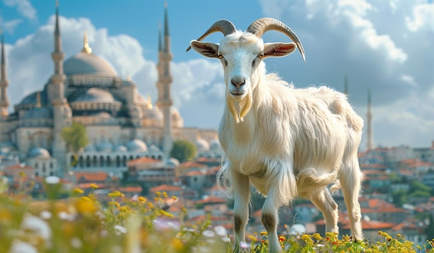 Uma cabra de pé em um campo de flores com fundo de mesquita Eid AlAdha consept