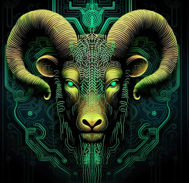 Uma cabra do zodíaco de Áries com estilo neon verde