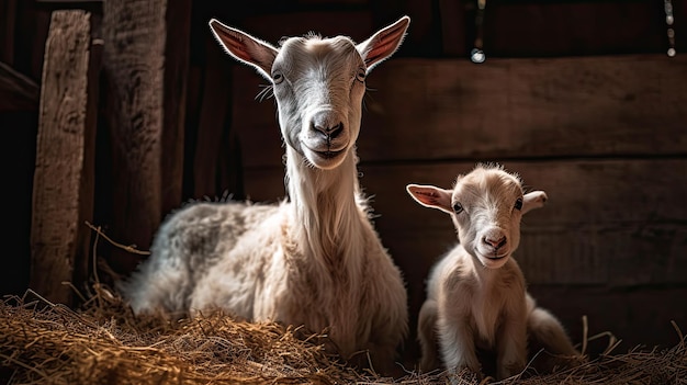 Uma cabra e um bebê cabrito sentam-se em um celeiro