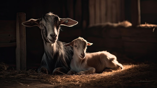 Uma cabra e um cabrito deitado no chão de feno