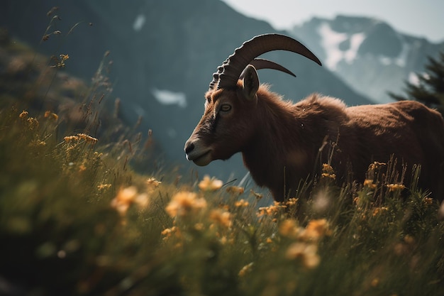 Uma cabra em um campo de flores