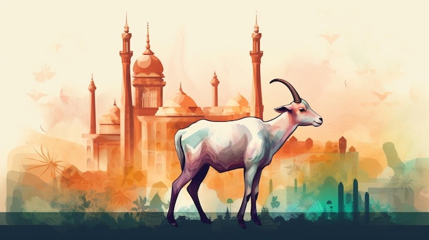Uma cabra está em frente a uma mesquita.