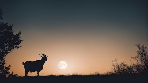 uma cabra está parada em um campo com a lua ao fundo