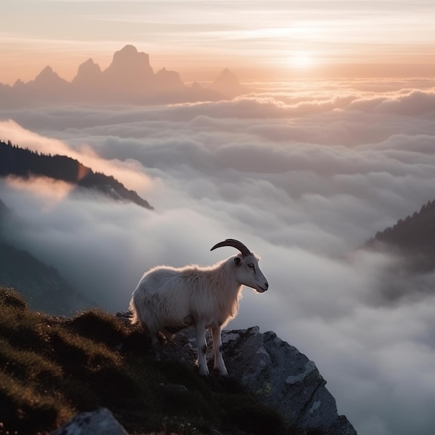 Uma cabra fica em um penhasco em frente ao pôr do sol.