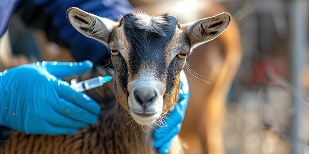 Foto uma cabra lactante encontra uma vacina de um veterinário em uma natureza agrícola para aumentar a segurança e supervisiona o rebanho e o espaço.