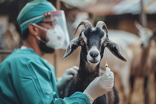 Uma cabra lactante encontra uma vacina de um veterinário em uma natureza agrícola para aumentar a segurança e supervisiona o rebanho e o espaço.