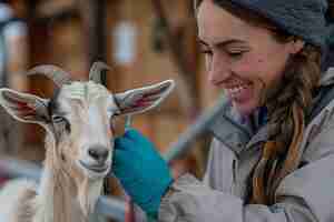 Foto uma cabra lactante encontra uma vacina de um veterinário em uma natureza agrícola para aumentar a segurança e supervisiona o rebanho e o espaço.