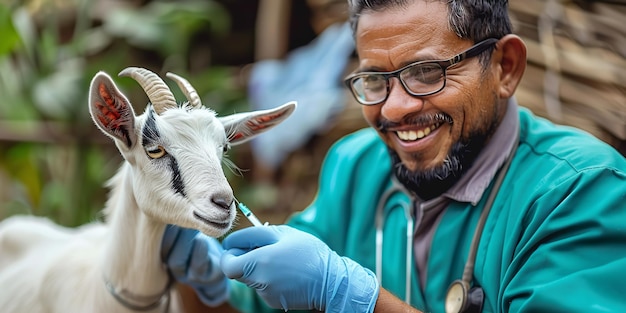 Uma cabra lactante encontra uma vacina de um veterinário em uma natureza agrícola para aumentar a segurança e supervisiona o rebanho e o espaço.